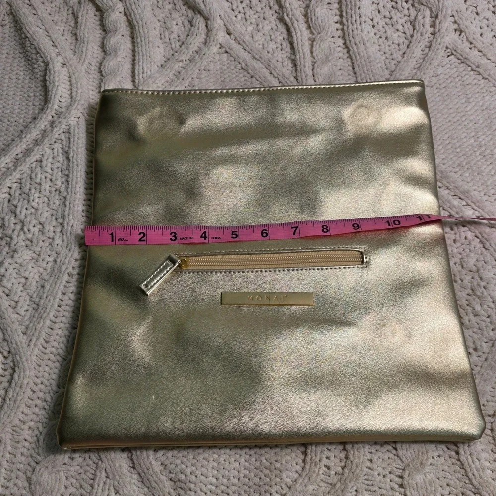 Monat Foldover Clutch Gold Metallic Faux Leather Tassel Zip Womens OS Excellent